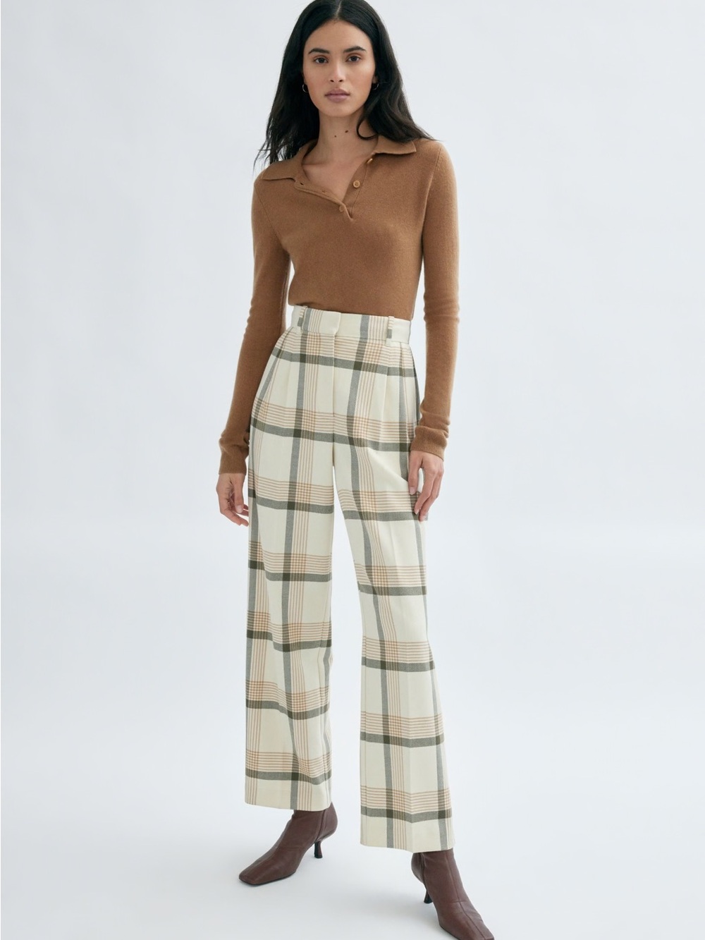 Aritzia Wilfred The Effortless Pant Plaid Wide Leg Trouser High Rise Cream Plaid